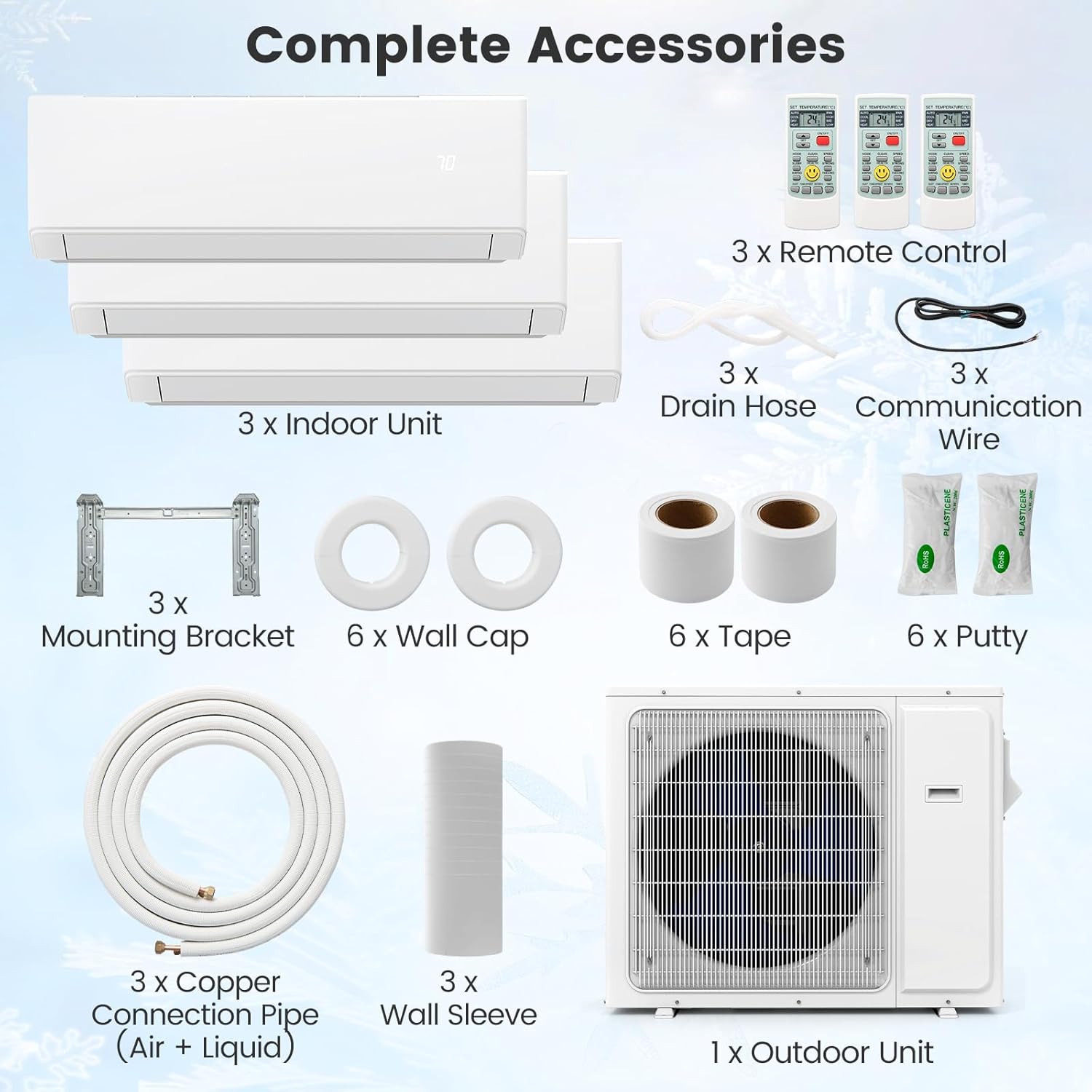 SIMOE 36000 BTU Tri 3 Zone Multi Zones Mini Split AC Heat Pump Full Set, Mini Split Air Conditioner, Wifi-Enabled 23 SEER2, 9k+9k+12k BTU, 208-230V, Ductless Energy Star, Installation Kit