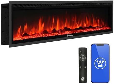 Westinghouse 60 Inch Electric Fireplace Heater, Compatible with Alexa & Google Home, Wall Mount or in-Wall Recessed Fireplace Insert, 24 Hour Timer, Color Changing Flames, 750W/1500W Indoor Heater