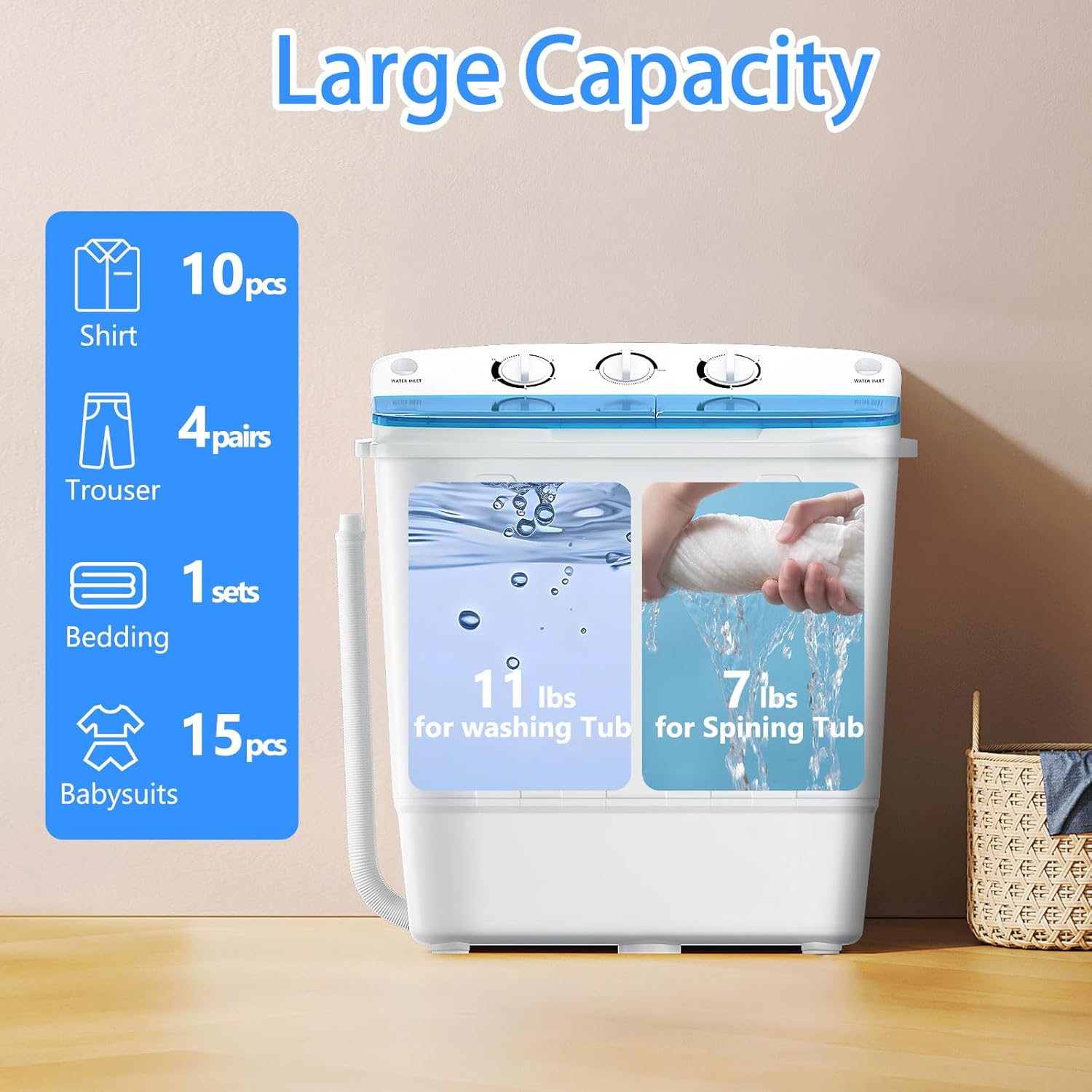 18lbs Portable Twin Tub Washing Machine with Drying Rack& Hanger, 11lbs Washer and 7lbs Spinner Combo, Comppact Laundry Machine for Apartments, Dorms, RVs, Carmping