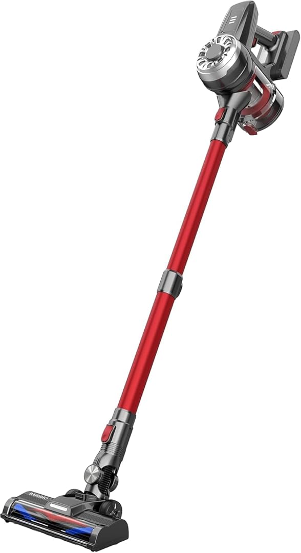 Cordless Stick Vacuum, Red, 45 Min Runtime, LED Headlights, 2-Speed, Telescopic Tube with Main Vacuum Brush, Crevice Tool, dust Brush, Removable-Rechargeable Battery Pack with Charging Cord