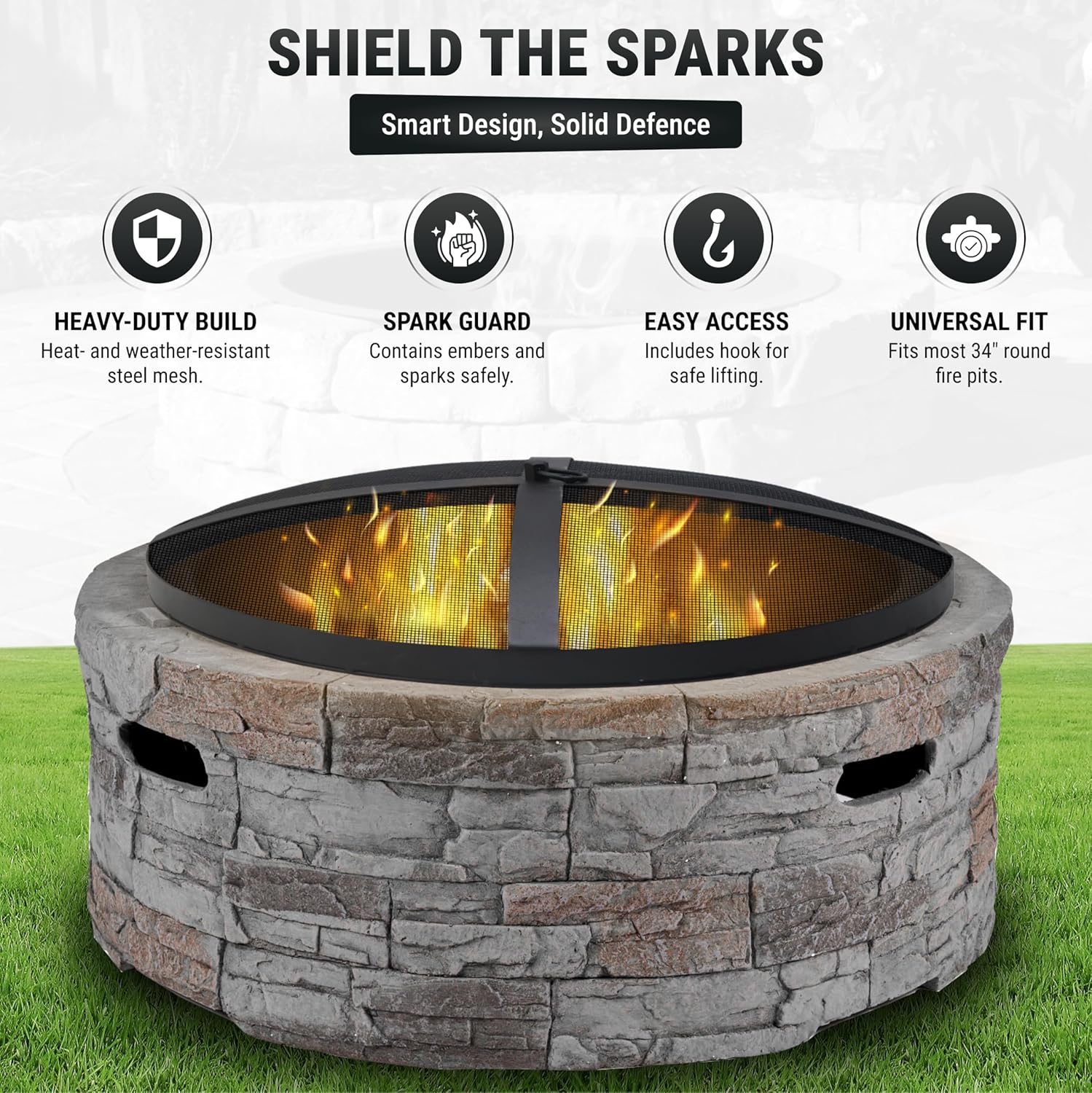 Fire Pit Spark Screen- Heavy Duty Fire Pit Screen 36 Inch Round with Hook Handle—Powder Coated Domed Outdoor Round Patio Mesh Firepit Screens Guard for Outdoor/Patio/Backyard/RV Camping/Beach