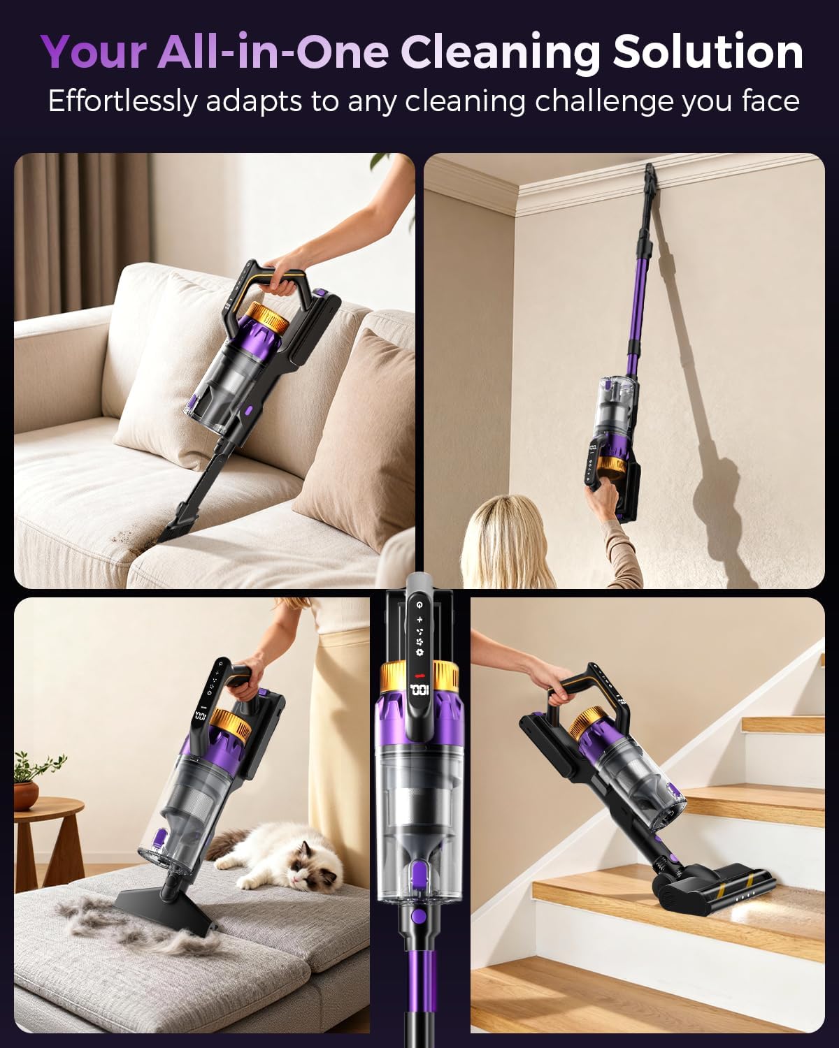 Cordless Vacuum Cleaner, 580W/48Kpa Vacuum Cleaners with 65 Min Runtime, Lightweight Wireless Vacuum with LED Headlights/Screen, wall mount, Removable Handheld Vacuum for Pet Hair/Carpets/Floors/Sofa