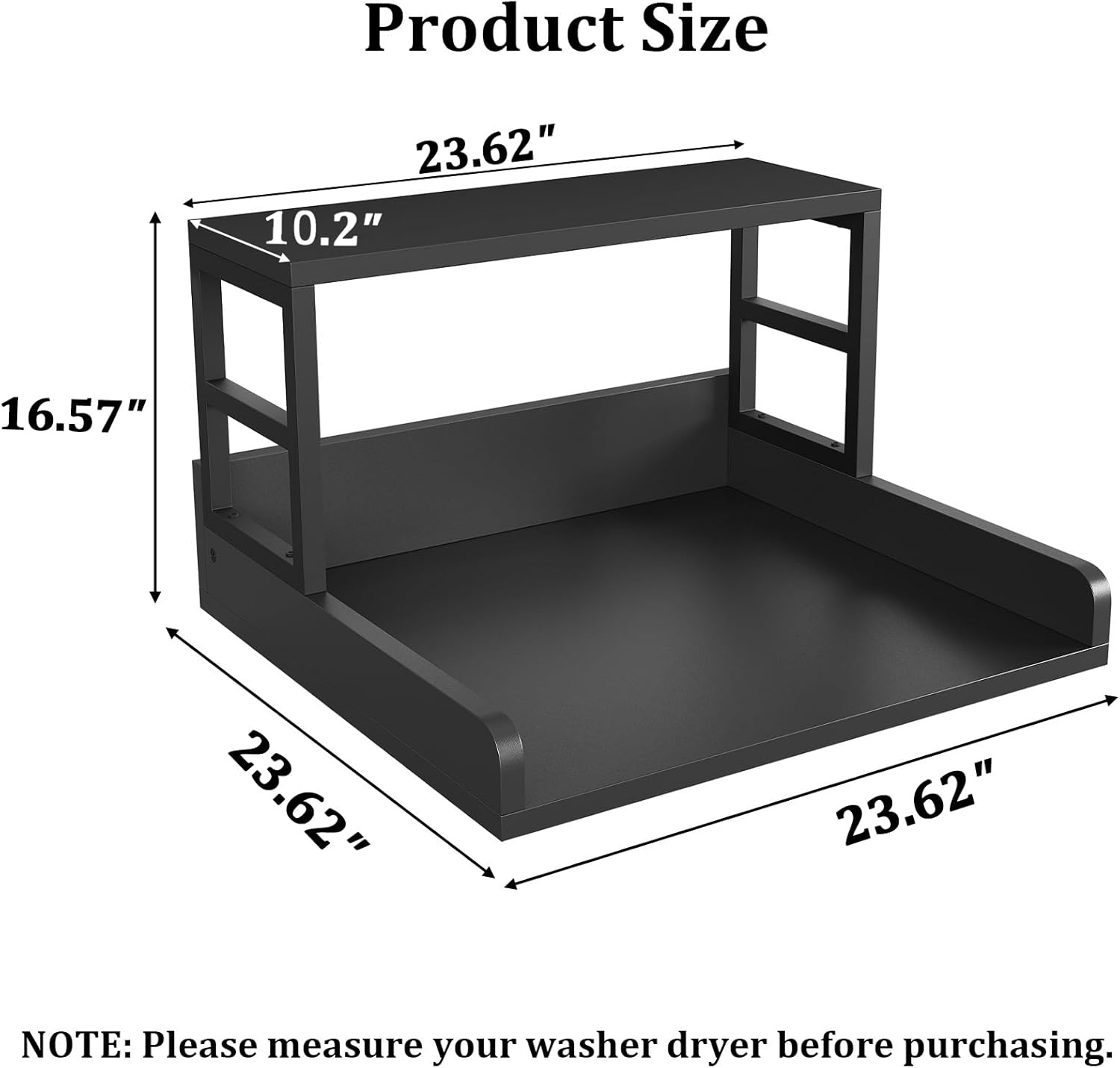 Washer Dryer Countertop with Shelf, 23.62″D x 23.62″W x 16.57″H, Countertop for Washer and Dryer Top with Non-Slip Pads and Edge Rails, Laundry Room Storage and Organization(Black)