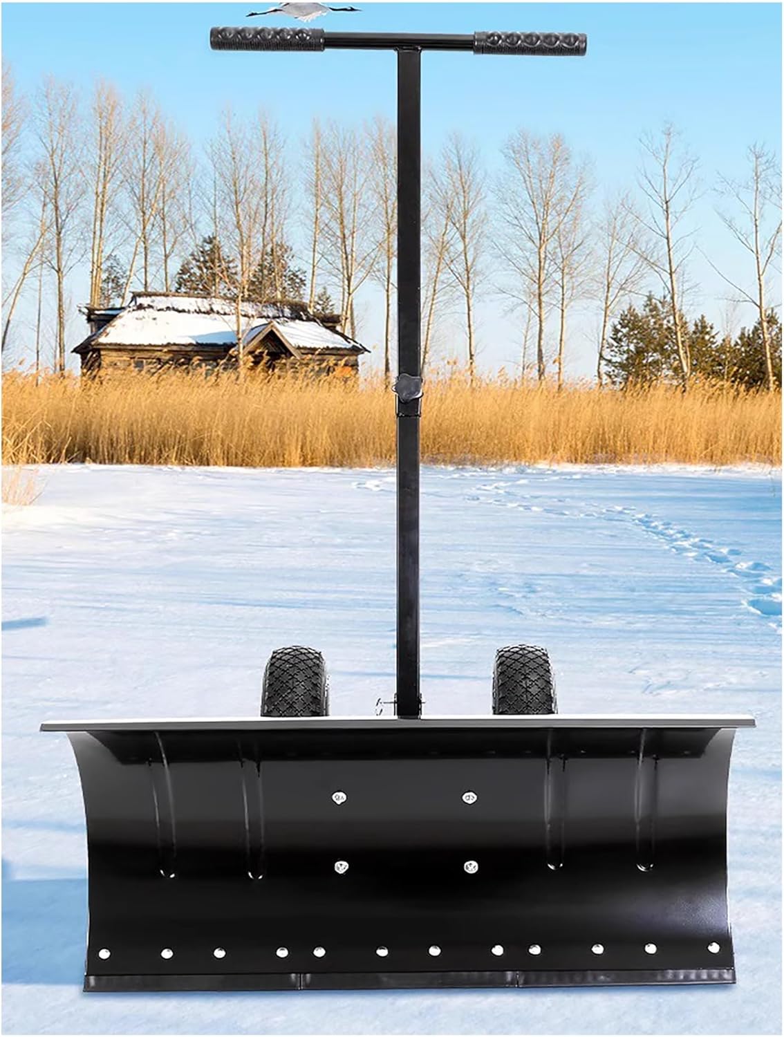 Wheeled Snow Shovel for Driveway, Heavy Duty Snow Pusher with Adjustable Plow Angle, for Pathway/Garden, Lightweight Rolling Snow Removal Tool((29x16.5in) 74x42cm)