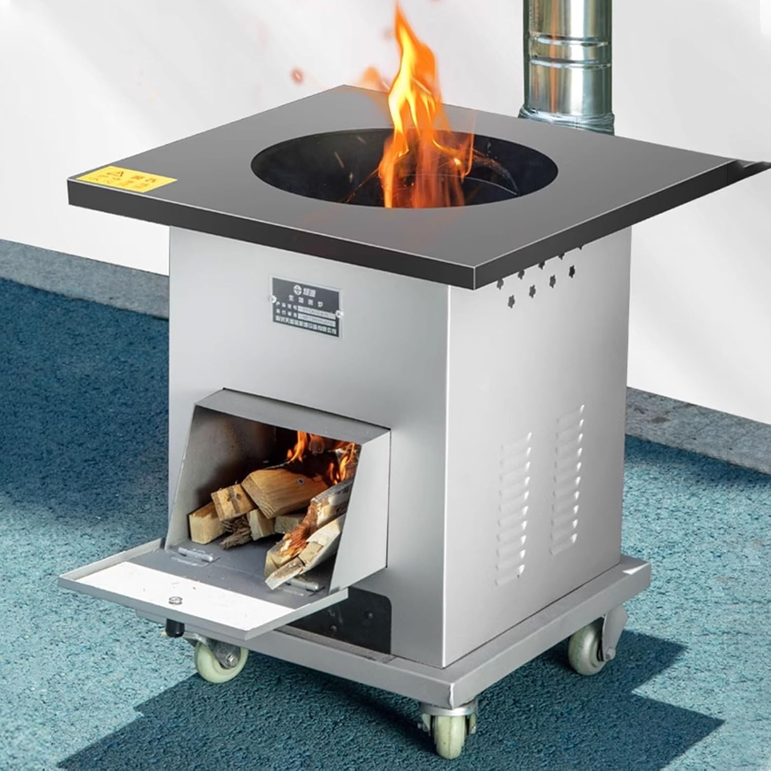 Outdoor Cooking Stove Portable Stove Swivel Casters At The Bottom Multiple Fuels Available Large Fuel Inlet and Ashs Collection Box Design Steel Plate Material