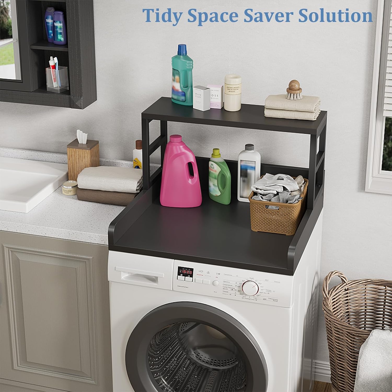 Washer Dryer Countertop, 27.5″Dx 27.5″W x 16.7″H, Non-Slip Pads, Laundry Countertop with Curved Edge, Laundry Room Storage and Organization for Clothes Folding and Sorting(Black)