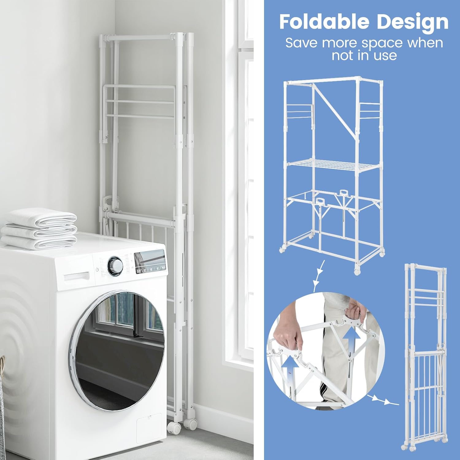 Giantex Clothes Drying Rack with Wheels, Collapsible Laundry Rack with 2 Folding Side Shelves & Detachable Middle Shelf, Moveable Laundry Garment Dryer Stand Dryer Rack for Apartment Indoor Outdoor