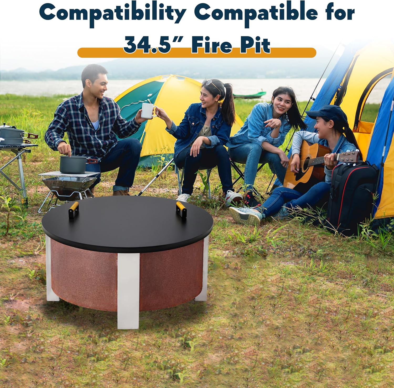 35” Fire Pit Cover Lid Round - Fit for 34.5 Round FirePit Lid for Outdoor Fireplace Cover Lid Steel fire pit metal cover W/ 2 Wooden Handles & Powder Coating Snuffer Lid for Patio Fire Pit Ring