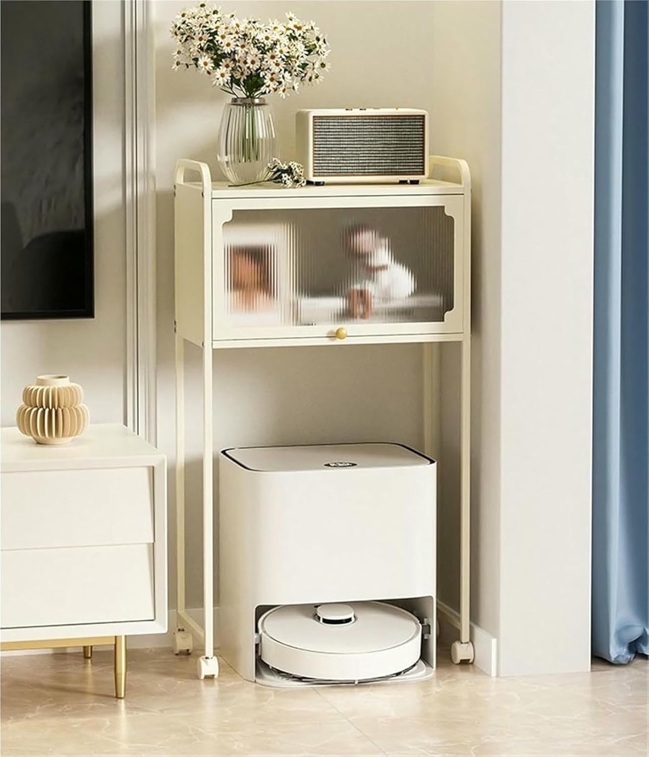 Sweeping Robot Storage Rack Side Table with Storage Cabinet Floor-Standing Multi-Layer Storage Rack Metal Robot Vacuum Hidden Cabinet