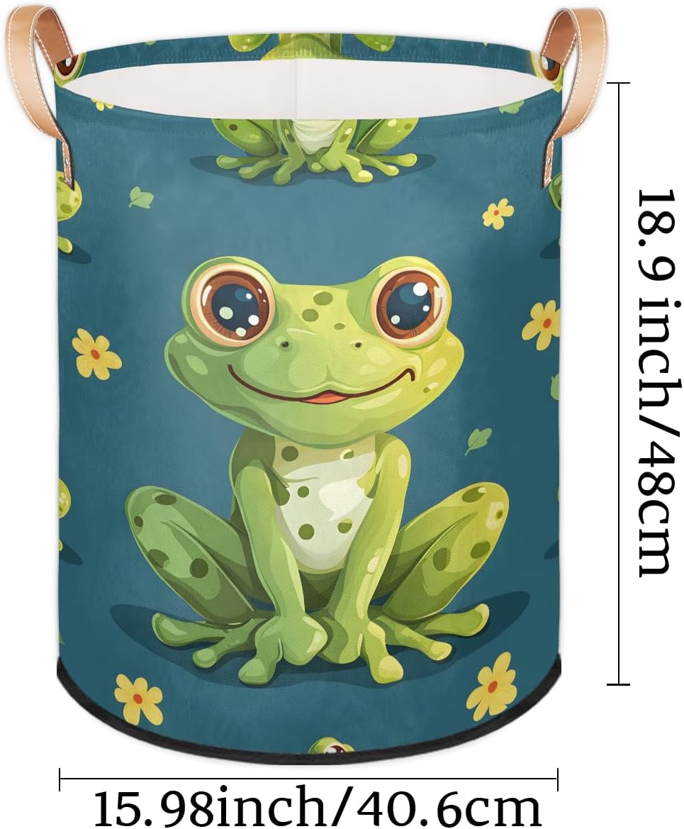 Daisy Frog Laundry Basket Collapsible Waterproof Storage Bin Organizer with Handles Round Dirty Clothes Nursery Hamper for Living Room Bedroom Bathroom Toys Box