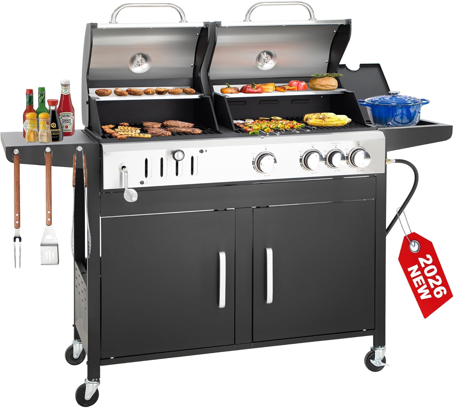 3 Burner Propane Gas and Charcoal Grill Combo with Side Burner & Porcelain-Enameled Cast Iron Grates, 37,000 BTUs 685 SQIN Dual Fuel Outdoor BBQ Grill for Patio Garden Picnic Backyard Barbecue Cooking