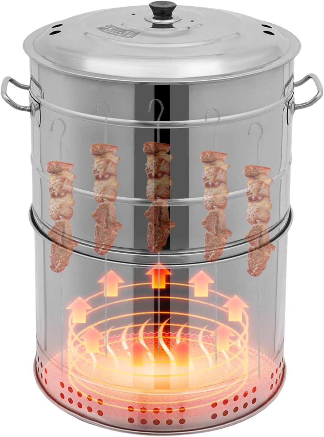 Charcoal Outdoor Barbecue Grill,Stainless Steel Barrel Charcoal Grills with Ash Catching Tray,Cylinder Portable 360° Uniform Heating BBQ Grill, 2 Grilling Modes Vertical Hanging/Grill Net