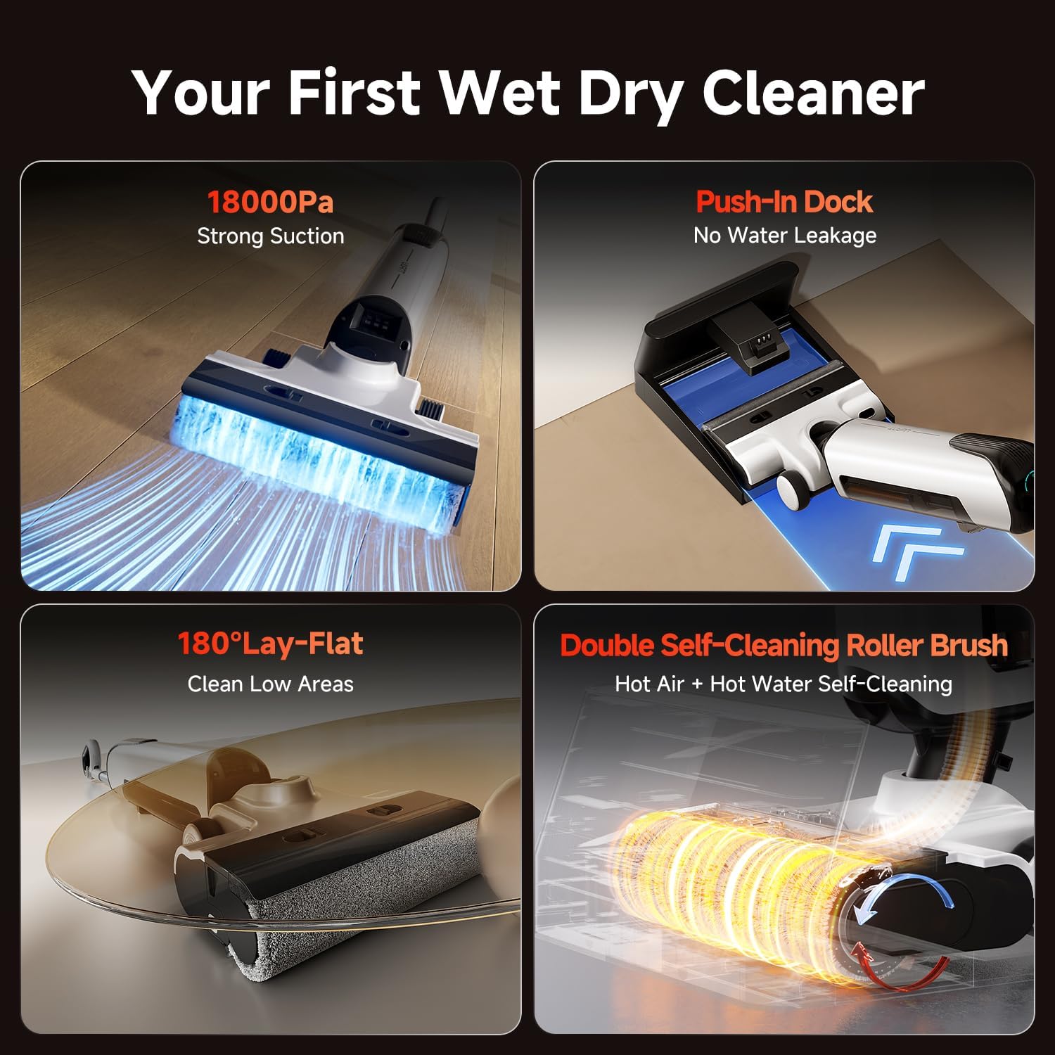 uwant D100 Wet Dry Vacuum Cleaner 180°Lay-Flat Vacuum Mop All in One with 18000Pa Suction Auto Self-Cleaning Anti Odor Stick Pushin Mop Dual-Edge Cleaning Electeic Mop Set for Hard Floor/Carpet,Milky