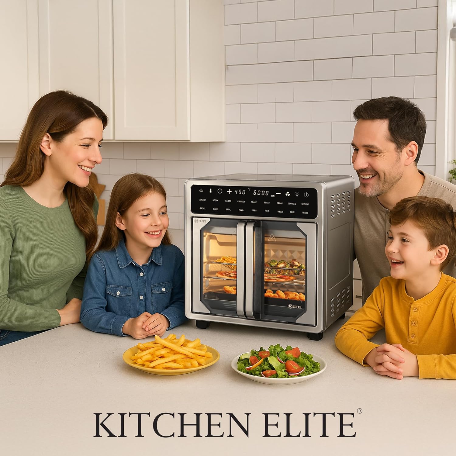 Kitchen Elite 16 Quart French Door Air Fryer Oven – Family Size Countertop Convection Cooker with LED Display, Stainless Steel
