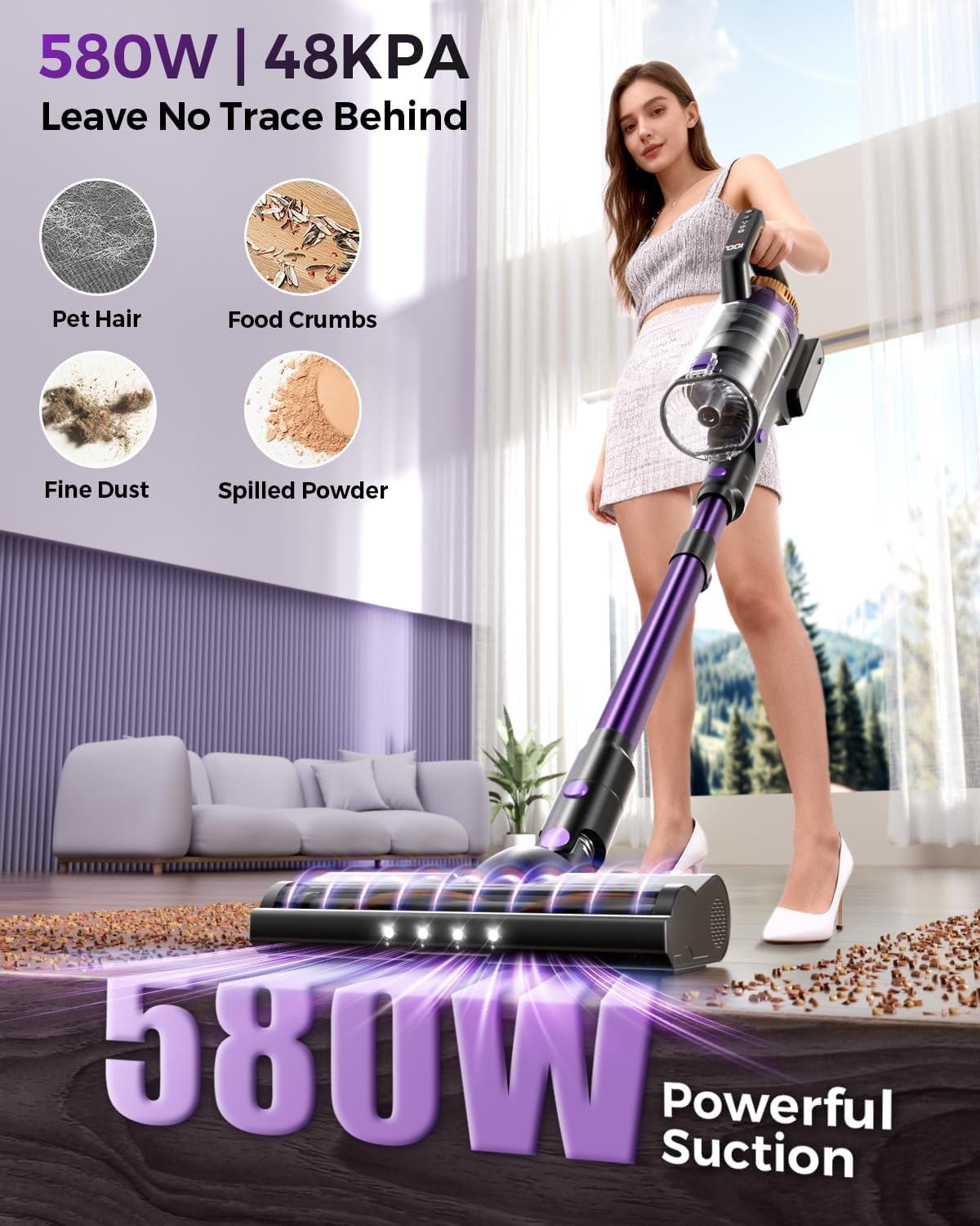 Cordless Vacuum Cleaner, 580W/48Kpa Vacuum Cleaners with 65 Min Runtime, Lightweight Wireless Vacuum with LED Headlights/Screen, wall mount, Removable Handheld Vacuum for Pet Hair/Carpets/Floors/Sofa