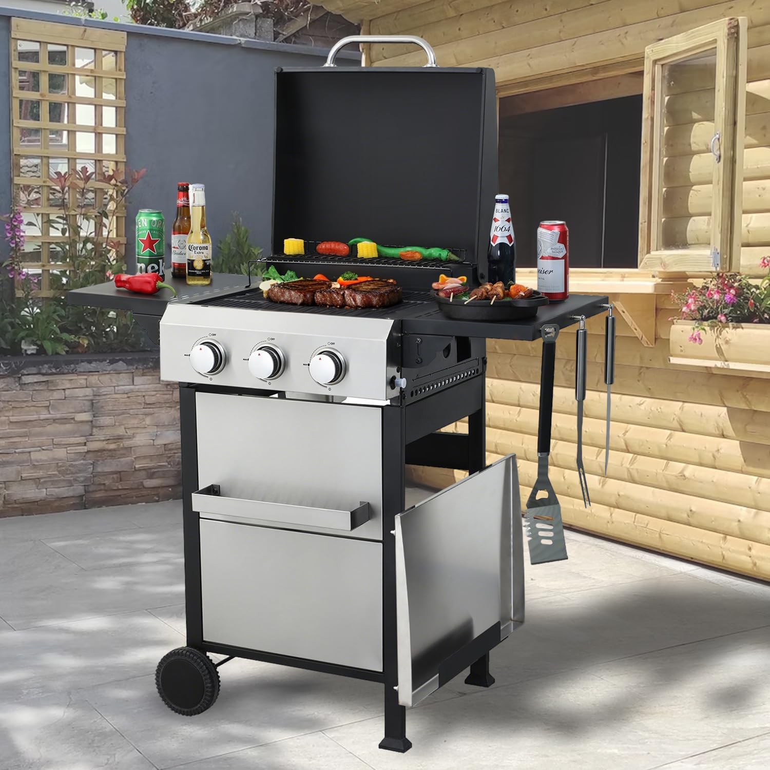 3-Burner Propane Gas Grill with SS Plancha, 36900 BTU Outdoor BBQ Grill, Enamel Cooking Grids & Foldable Side Table, Stainless Steel Barbecue Grill for Backyard, Camping, Garden