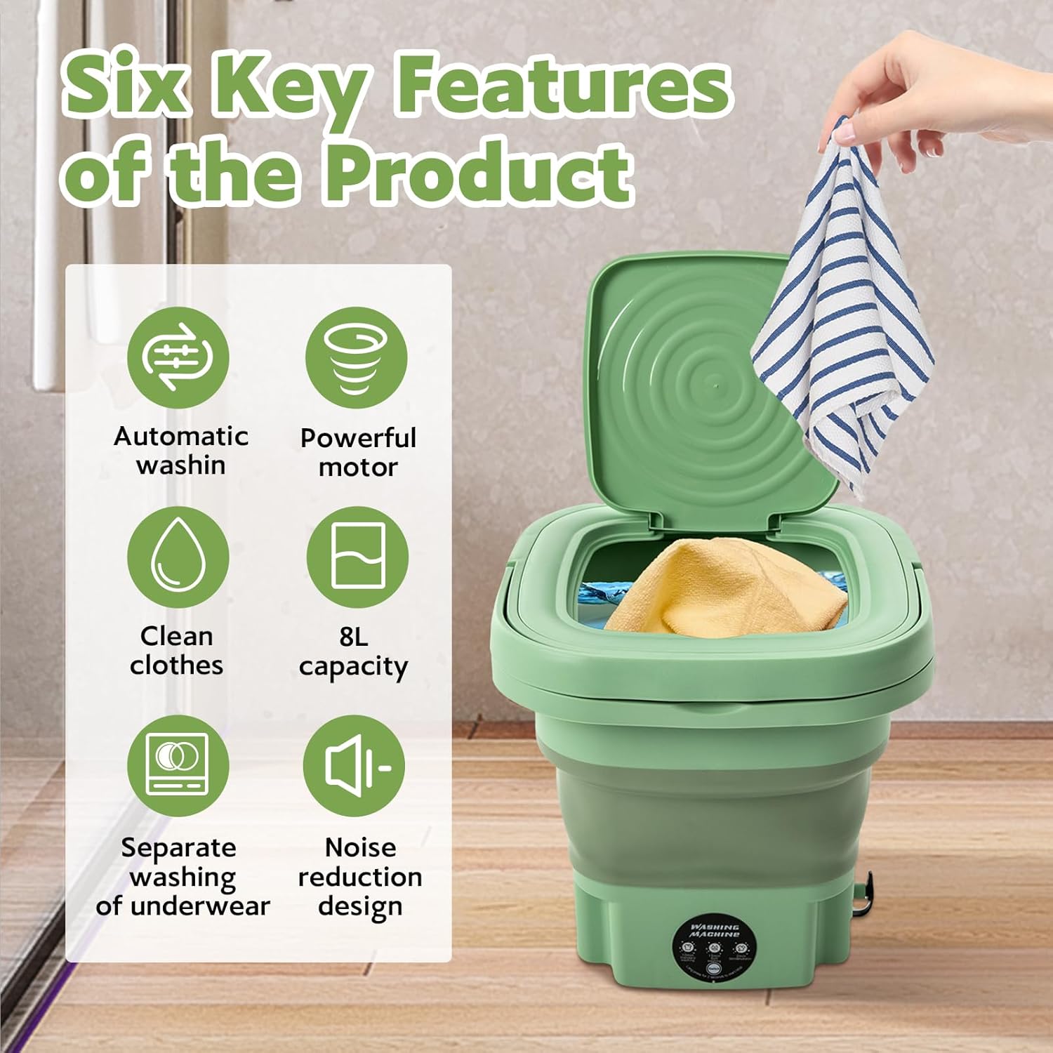 8 L Portable Mini Washing Machine, Foldable Washer and Spin Dryer with Drainage Basket, Electric Collapsible Washing Machine for Apartment Camping, RV, Travel, Underwear, Socks (Mint Green)