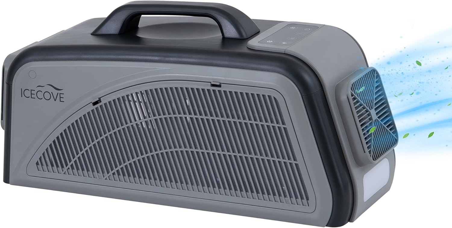 IceCove Portable Air Conditioner, 2500BTU Fast Cooling Car AC Unit, 250W Low Power Consumption, 25.5VDC, 2 Fan Speed, 3 Light Mode for Tent Camping RV Truck Van Life Home (Battery Not Included), Gray