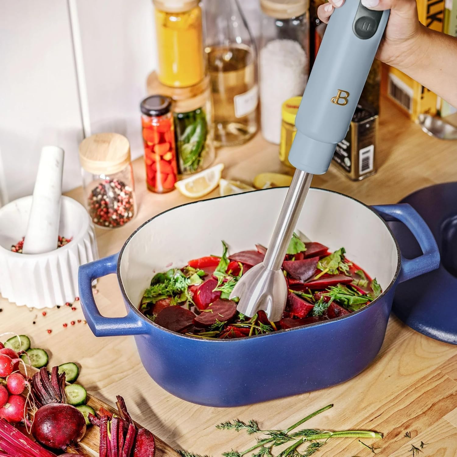 Beautiful 2-Speed Immersion Blender with Chopper & Measuring Cup, Stainless Steel Shaft, Quiet 250W Motor, Cornflower Blue Finish, Dishwasher Safe, Includes Whisk & 24 oz Beaker (Cornflower Blue)