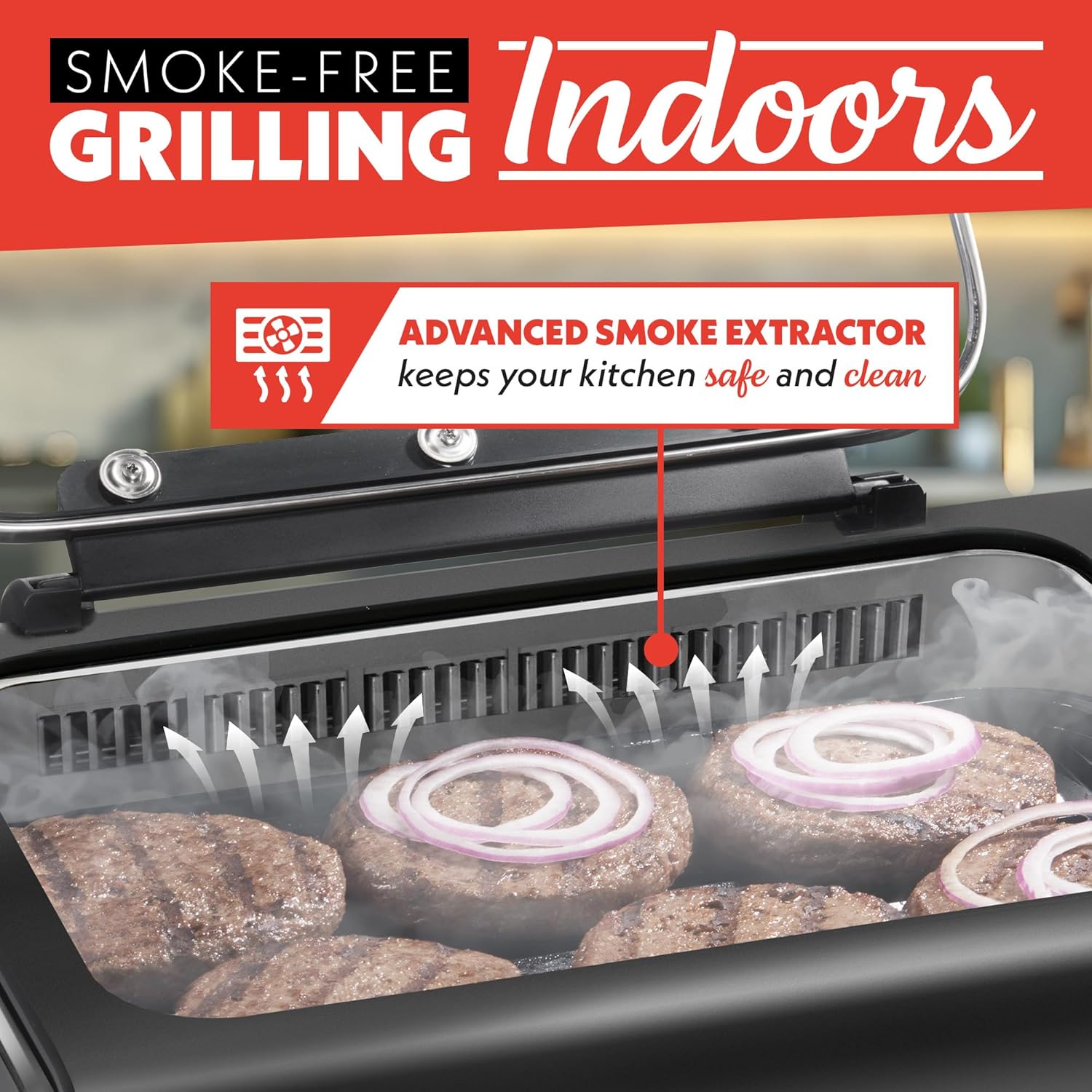 Gourmia Smokeless Indoor Grill & Air Fryer with Recipe Book – Electric Grill for Indoor Use, 5‑in‑1 Countertop Cooker, Cast-Iron Grate, 1650W, Glass Lid, Dishwasher-Safe Plates