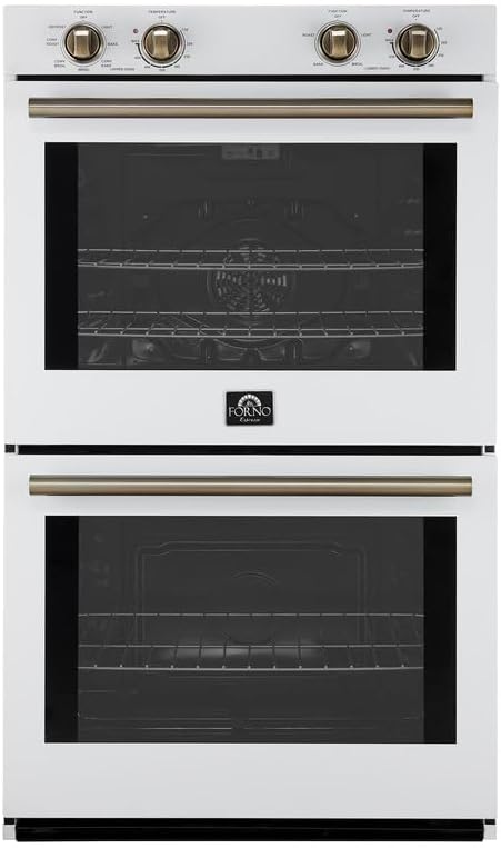 Forno Vomero 30-Inch Double Wall Oven, 10 cu.ft Total Capacity, 7100W Electric Convection with Manual Steam Clean & Mechanical Controls, Includes Both Antique Brass Stainless Steel Handles - White