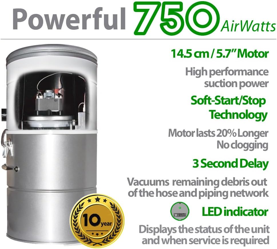 OVO 750 Airwatts Heavy Duty Powerful Central Vacuum System, Hybrid Filtration (with or Without Disposable Bags) 25L or 6.6Gal, 40ft Carpet Deluxe Accessory kit Included