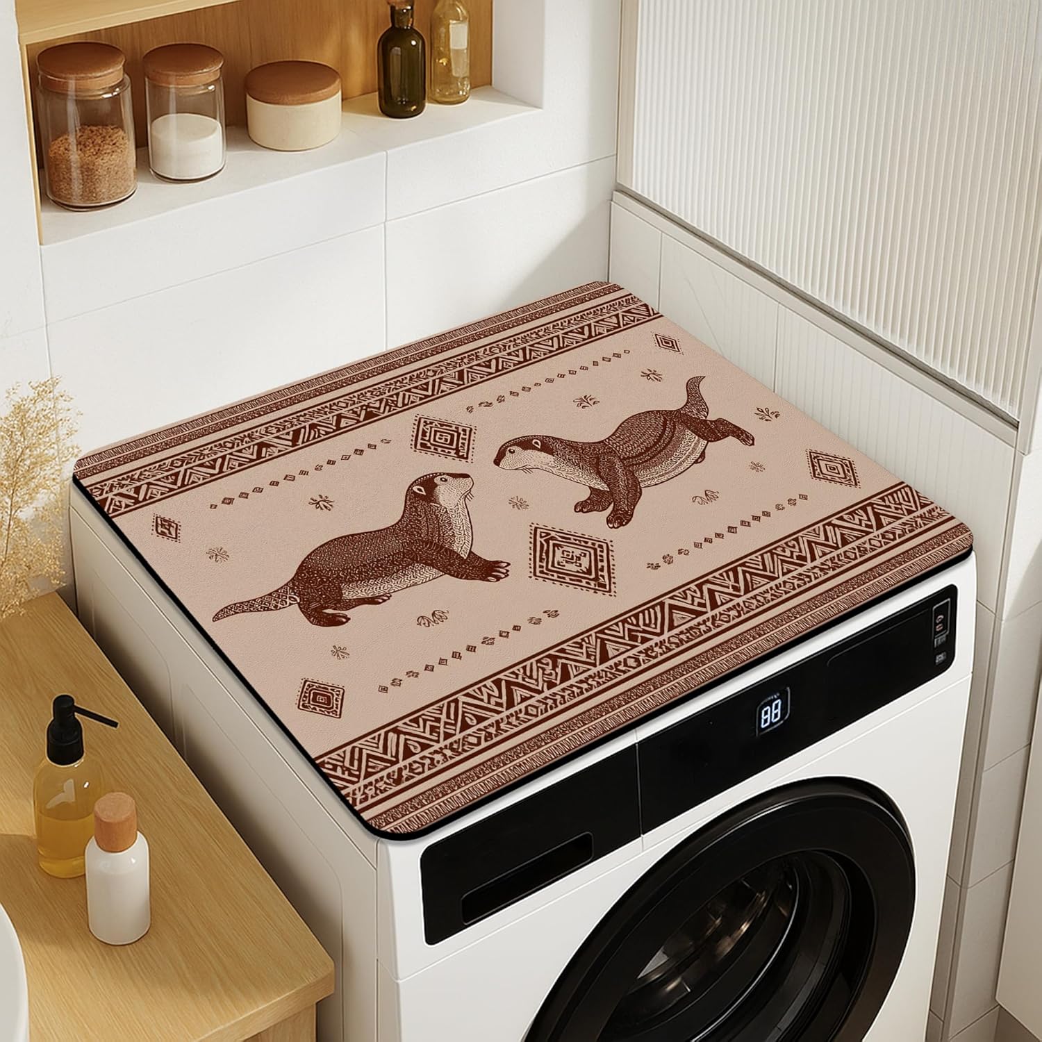 Otter Washer Dryer Top Protector Mat, Vintage Animal Patterned Laundry Machine Dust Covers, Rustic Rubber Anti-slip Waterproof Washer And Dryer Mats for Home 20x24 Inch