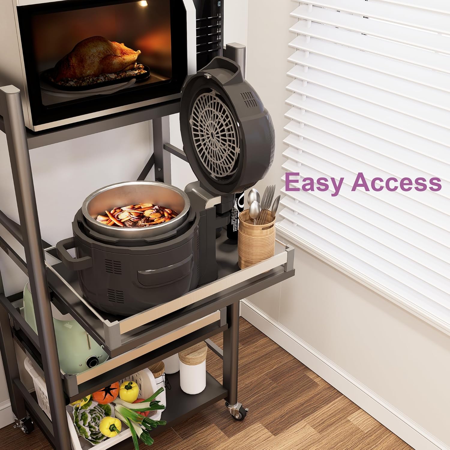 4-Tier Pull Out Kitchen Baker's Rack with Wheels, Heavy Duty Metal Microwave Stand with Storage, Adjustable Ktichen Shelves Freestanding, Rolling Utility Storage Cart (23.6''W x 49.2''H)