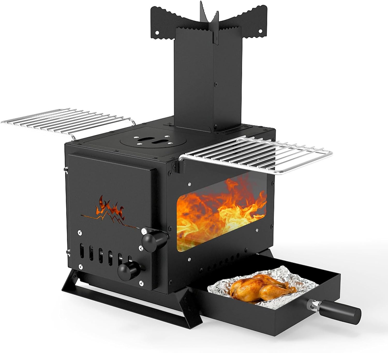 Giantex Portable Wood Burning Stove, Hot Tent Stove with 3 Cooking Positions, Anti-scalding Door Handle, Glass Window & 2 Grills, Camping Stoves for Outdoor Heating & Cooking, Ice Fishing, Hunting