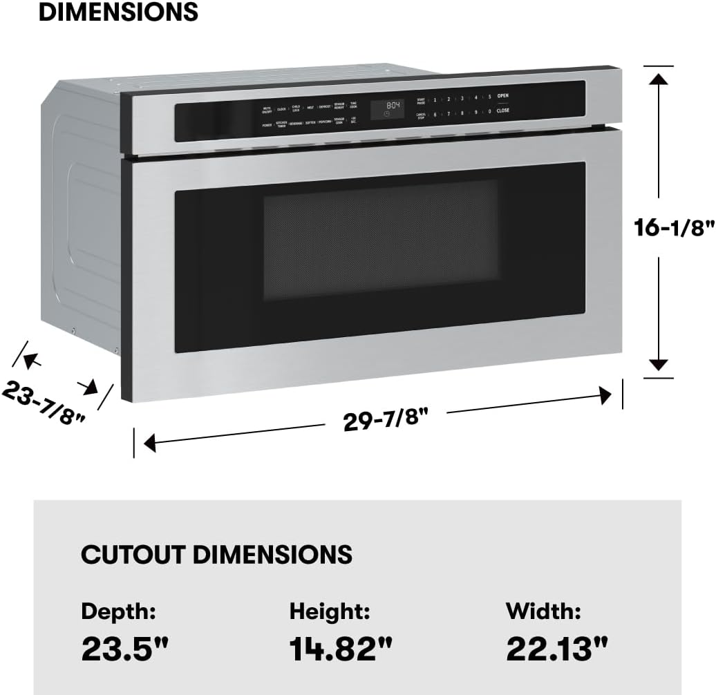 Zephyr 30 inch Built In Drawer Microwave Oven Under Cabinet - Integrated, Wall Mount, Under Counter Pull Out Microwave Drawer 1.2 cu ft, Preset Cooking Options, Easy Clean Coating, 1000W