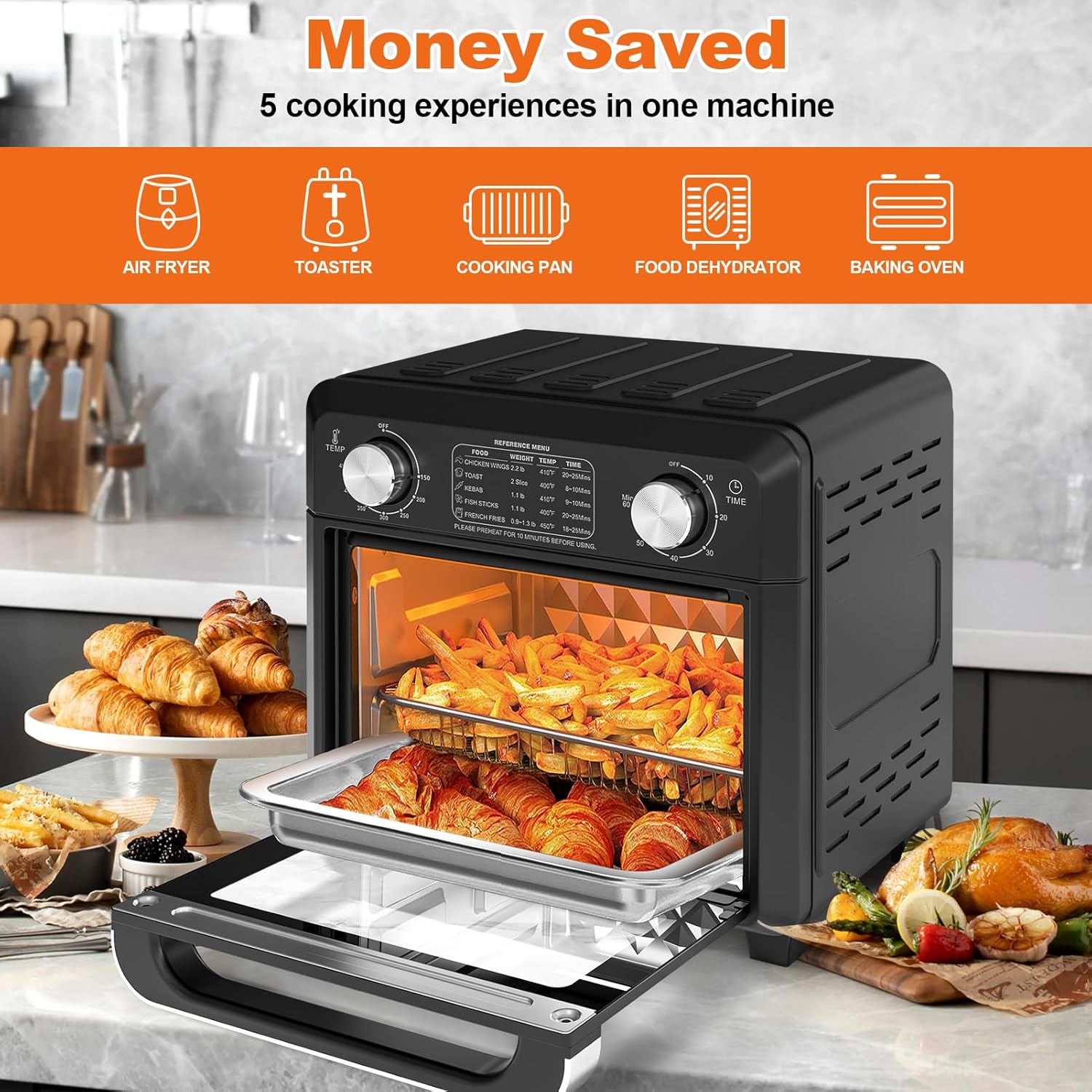 11QT Compact 2-Slice Air Fryer Toaster Oven, 1500W Convection Countertop Oven with Reference Menus, Adjustable Time & Temperature, Ideal for Singles & Couples, Black