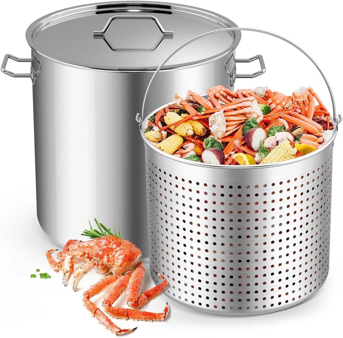 Commercial 100 QT Crawfish Boiling Pot Boil Seafood Lid Stainless Steel Stock Turkey Fryer Basket Cooking Heavy Duty Outdoor Bucket Countertop New 19.7