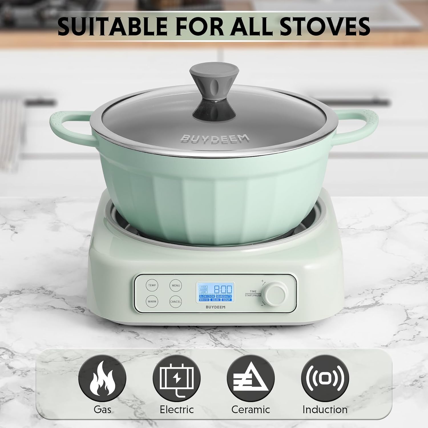 BUYDEEM CP152 Cast Aluminum Nonstick Stockpot, All Stovetops Ovens Microwaves Compatible, Dishwasher Safe, Cozy Greenish, 4.7QT