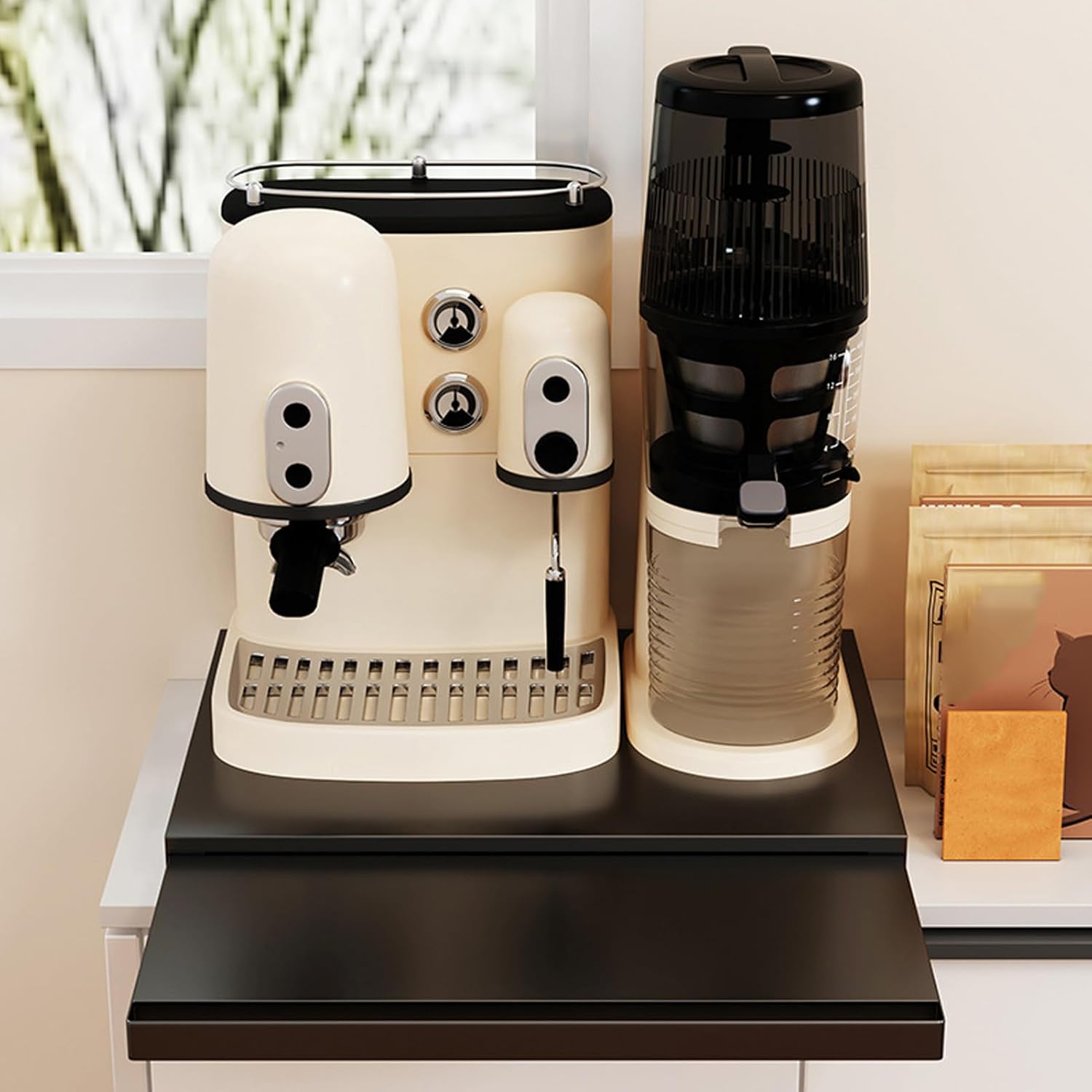 Microwave Oven Sliding Tray, Pull Out Countertop Storage Shelf Organizer with Slide Drawer Carbon Steel Appliance Stand for Kitchen Space Saving (Black)