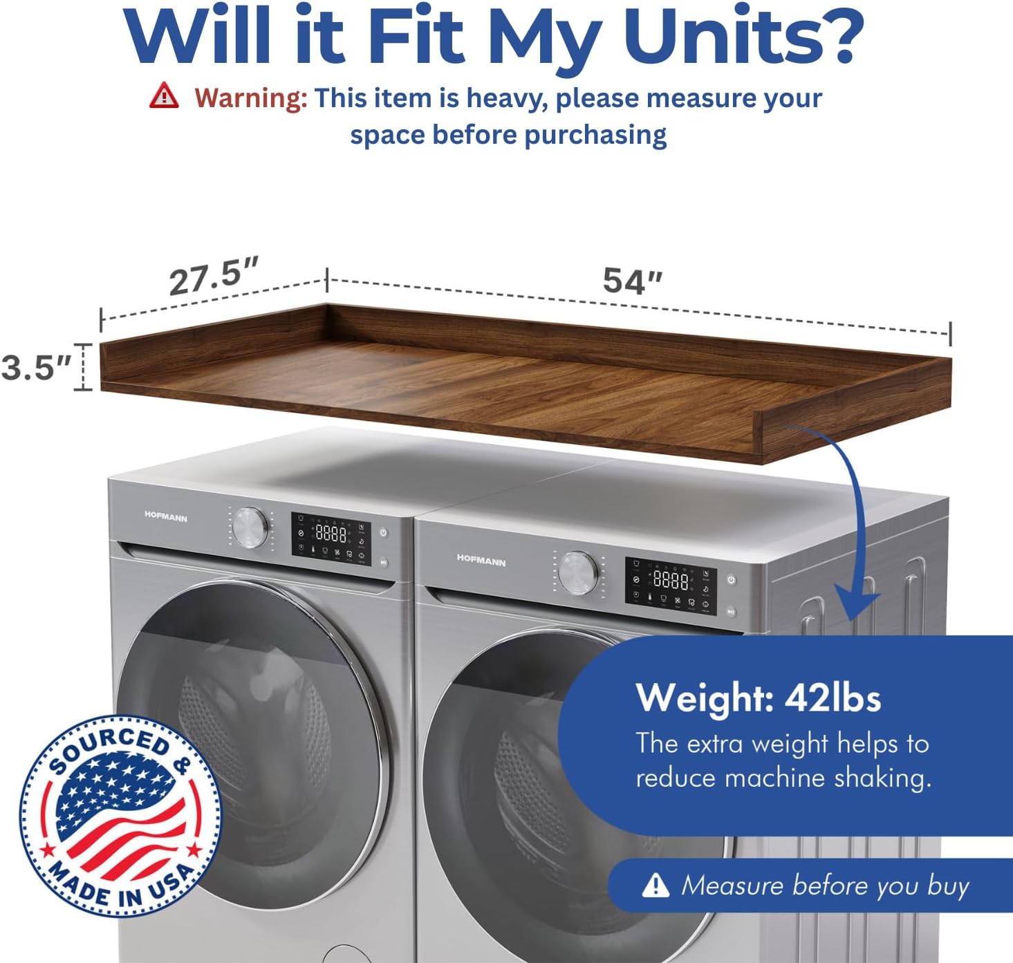 OfficeSimpli Washer Dryer Countertop, Made in USA, Non-Slip Pads, Laundry Room Wood Topper, Washer Dryer Cover for Top, Laundry Guard, Laundry Countertop (California Walnut, Standard (27.5