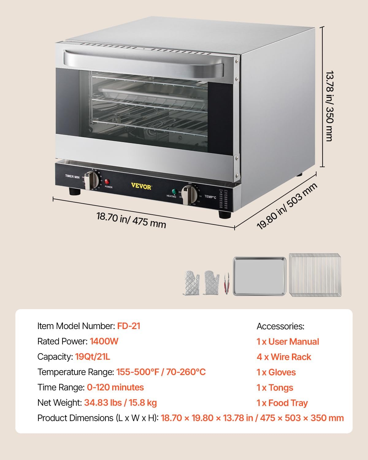 VEVOR Commercial Convection Oven, 21L/19Qt, Quarter-Size Conventional Oven Countertop, 1440W 3-Tier Toaster w/Front Glass Door, Electric Baking Oven w/Trays Wire Racks Clip Gloves, 120V