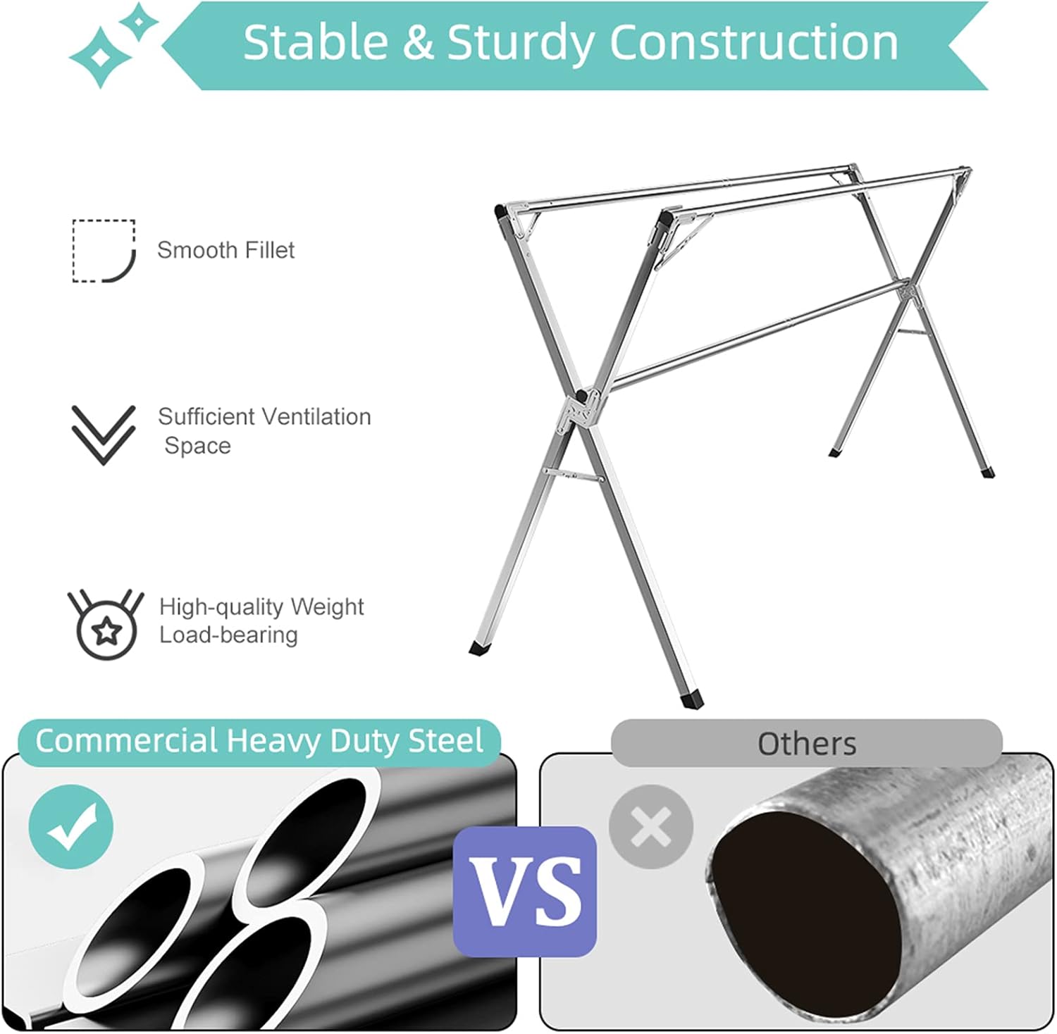 YACASA Clothes Drying Rack, 79 inch Heavy Duty Stainless Steel Laundry Drying Rack, Foldable &Length Adjustable Space Saving Garment Rack, with 20 Windproof Hooks.