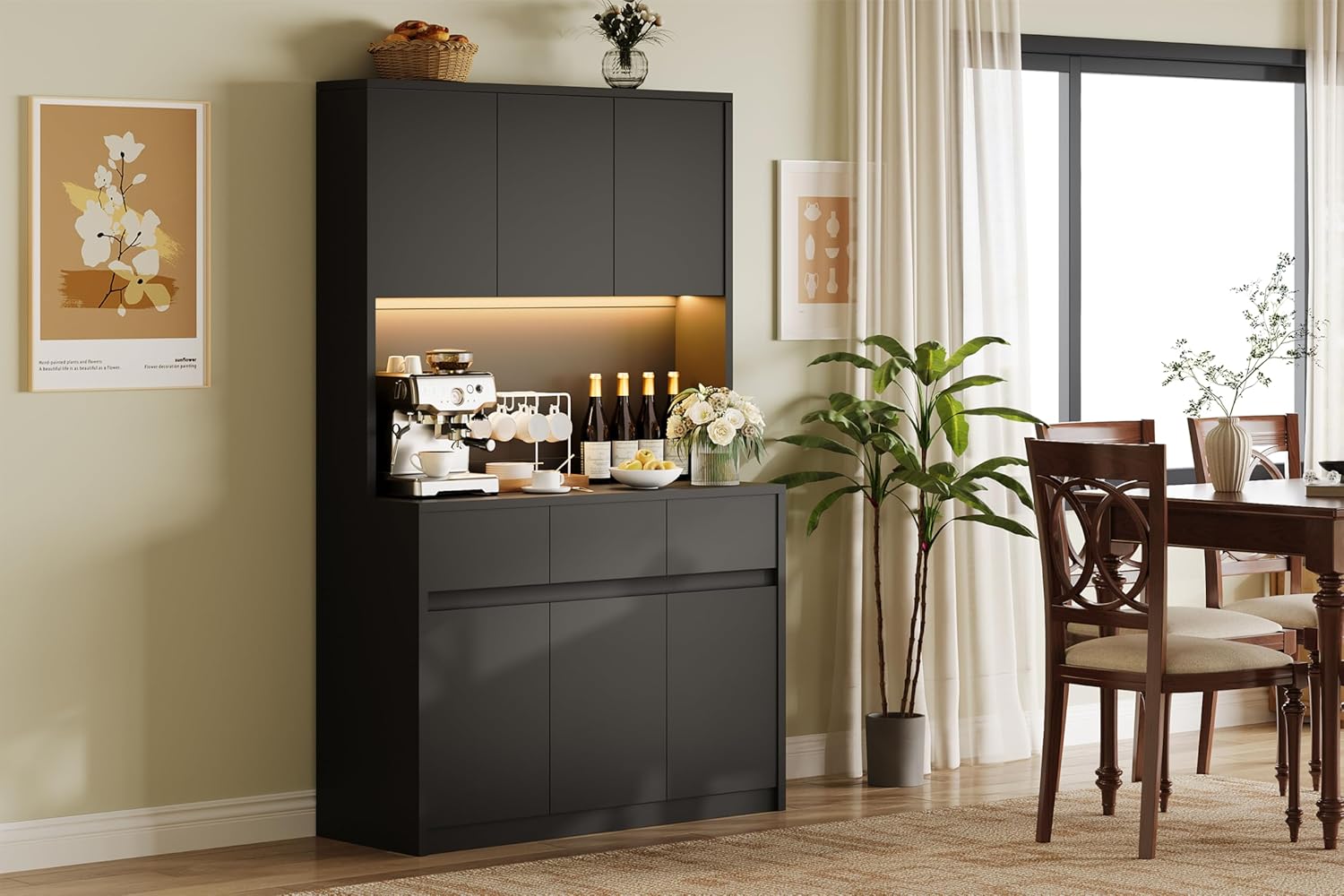 Contemporary Tall Pantry Cabinet with LED Lights & Charging Station - Adjustable Shelves, Drawers, Microwave Countertop - Multipurpose Storage Hutch for Entryway or Living Room, Black
