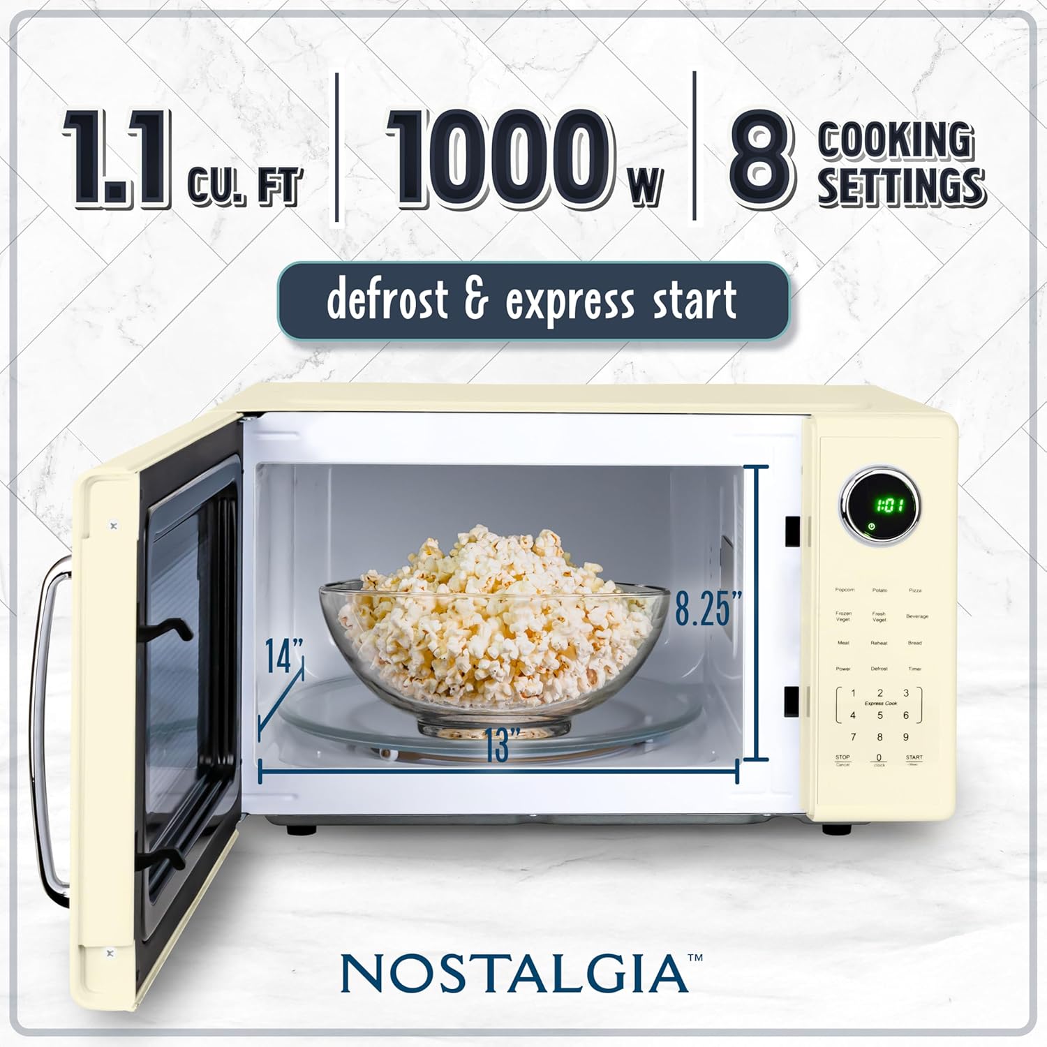 Nostalgia Retro 1000W Microwave Oven 1.1 Cu Ft Capacity – Child Safety Lock, 8 Auto-Cook Settings – Countertop Kitchen Appliance – Ivory