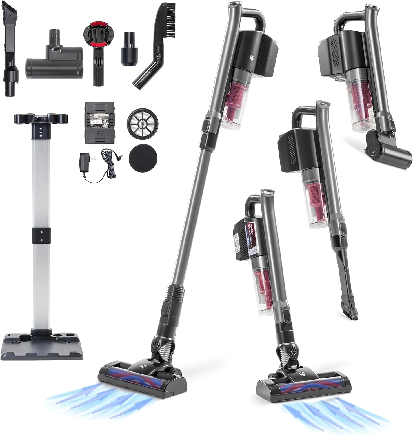 IRIS USA Power Brush Cordless Stick Vacuum for Low-Profile Carpet Rugs and Hard Floors, Stand and 6-in-1 Attachments, 9000Pa Suction LED Indicator, 60K RPM 35 Min Runtime Battery, Pet Hair Cleaner