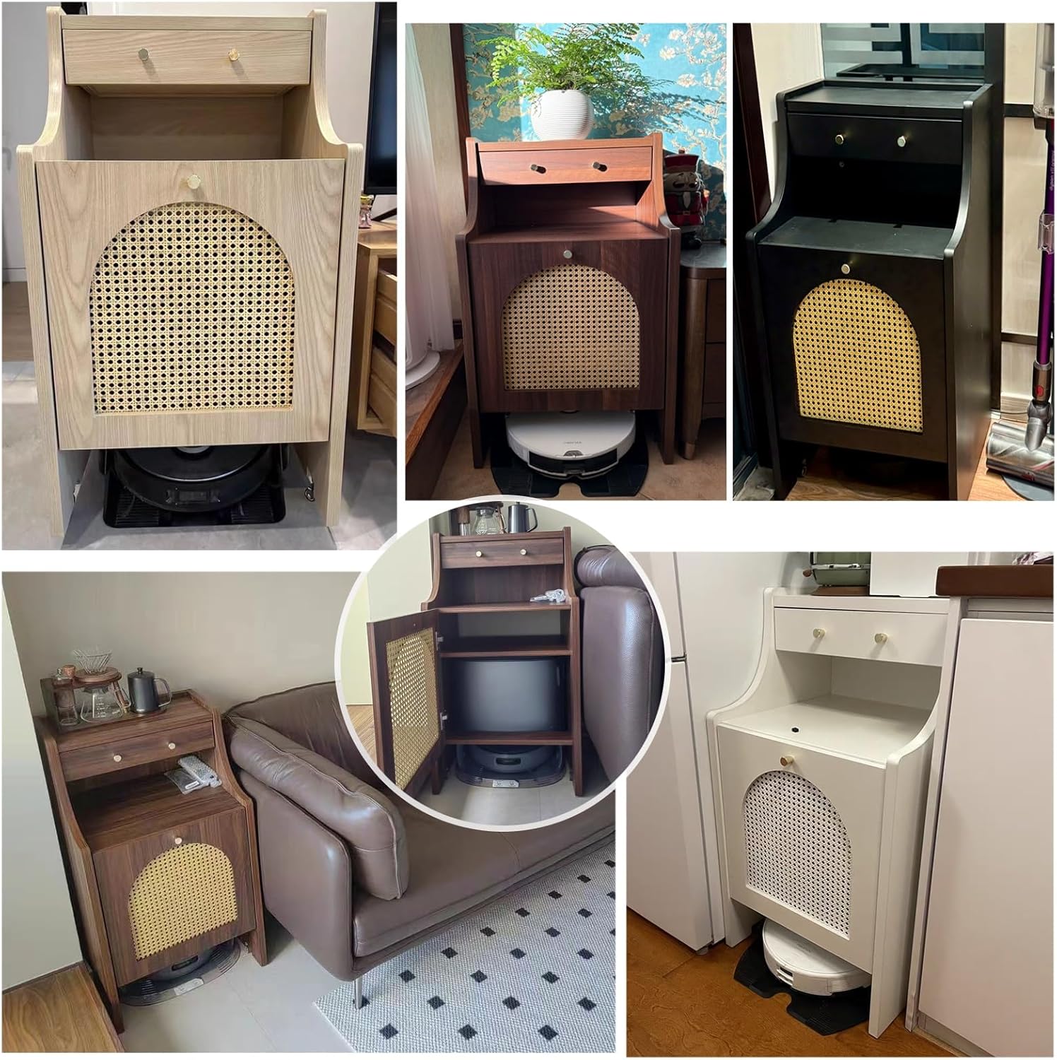 Rolling Smart Sweeper Hideaway Cabinet for Household, Retro Sturdy Sweeping Robot Storage Rack & Portable Sofa Side Table Nightstand Cart with Wheels, 90 Cm Tall Solid Wood Coffee Desk(Natural,50x45x9