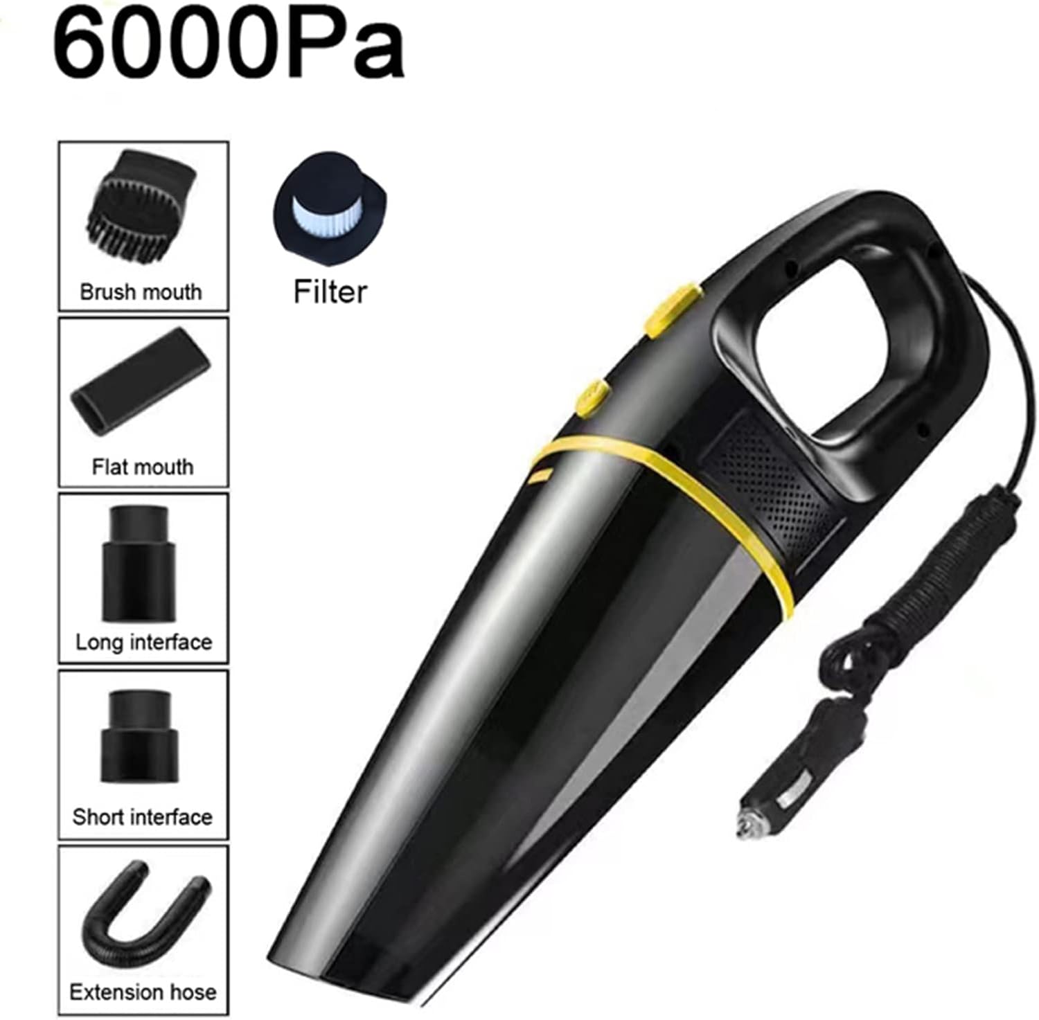 120W Car Vacuum Cleaner Portable Handheld Wet/Dry Vacuum Cleaner 6000PA Suction Power with 16 Feet Power Cord for Home, Car, Office,Yellow