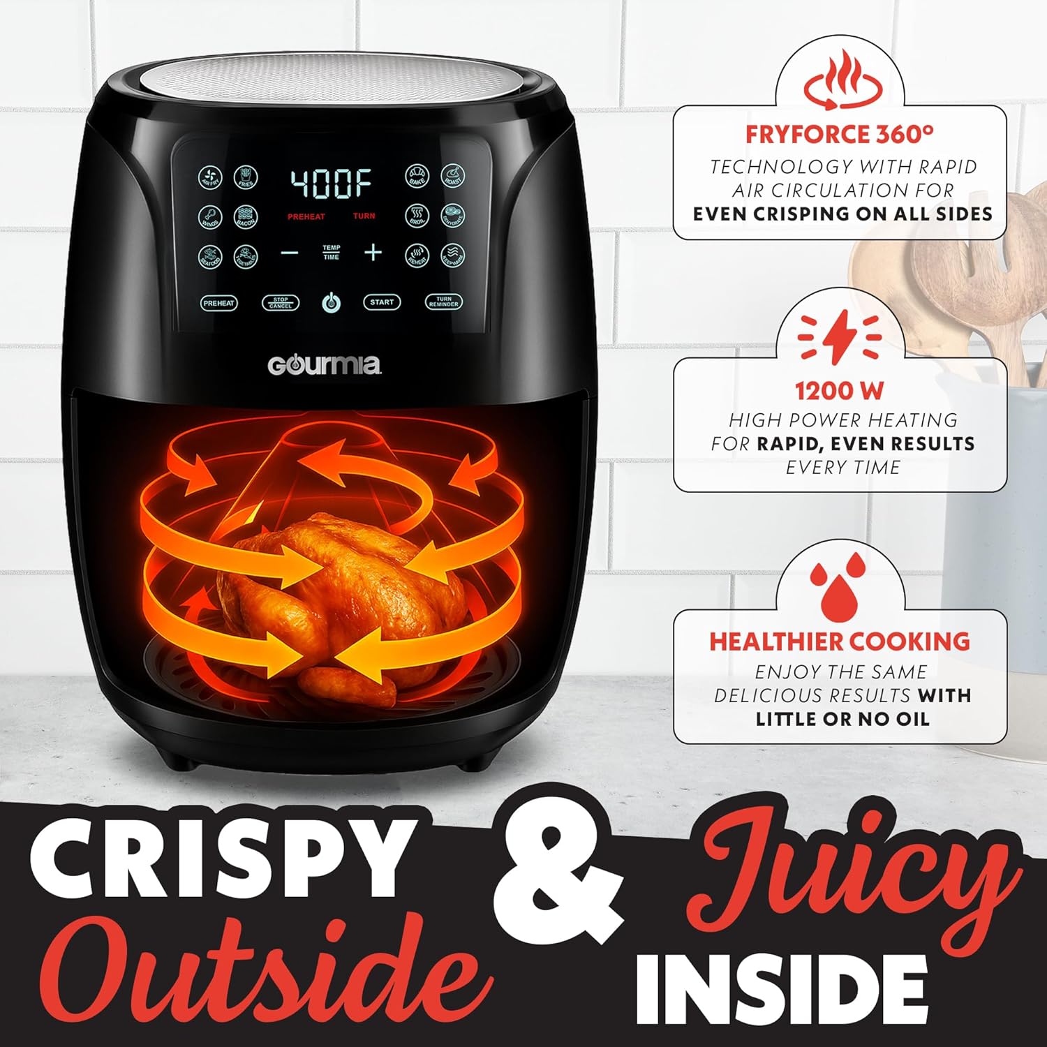 Gourmia Air Fryer - 6 Qt Large Capacity, FryForce 360º, Digital Display with 12 Presets, Roast, Bake, Broil, Dehydrate, Dishwasher Safe Accessories, Black