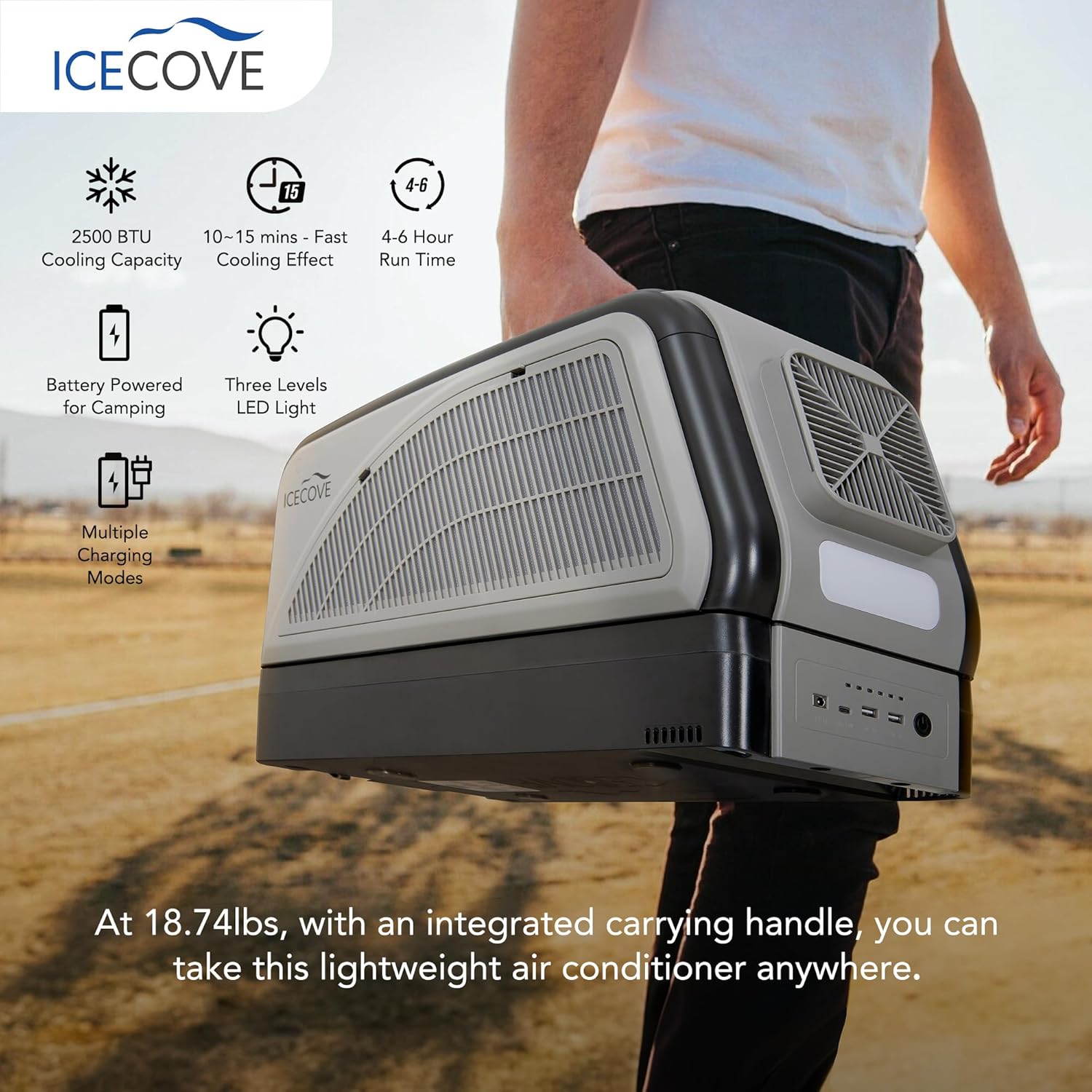 IceCove Portable Air Conditioner with Add-on 2 Batteries, 2500BTU Portable AC Unit, 250W Low Power Consumption, 25.5VDC, 2 Fan Speed, 3 Light Mode for Tent Camping RV Truck Van Life Home, Gray