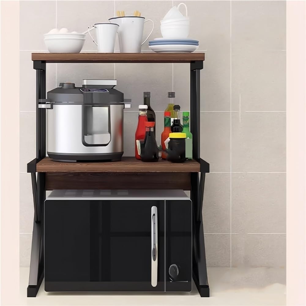 2 Tier Storage Organizer Rack, Wood Microwave Oven Racks with Drawer, Storages Cabinet Shelf for Kitchen, Restaurant(Brown)