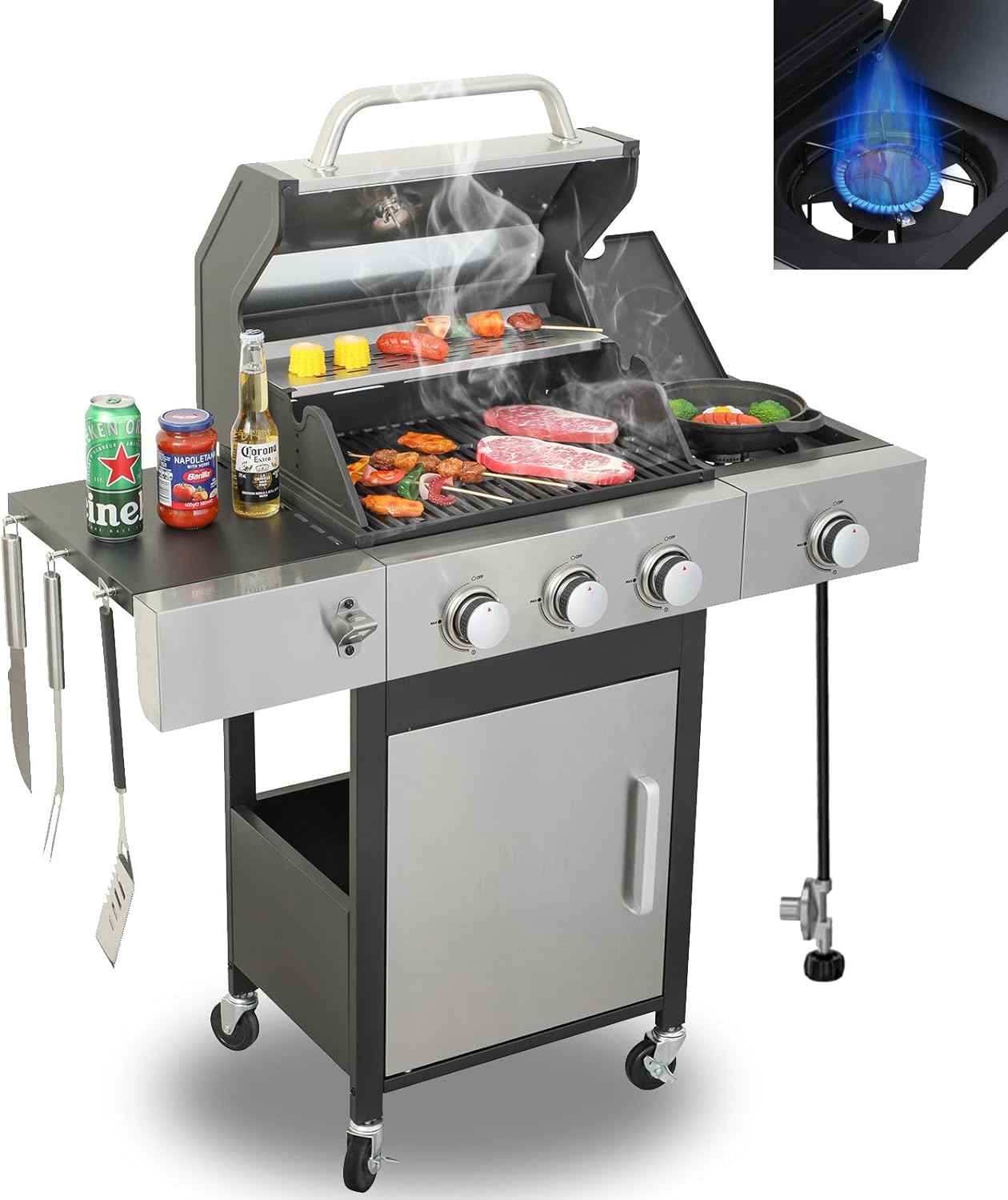 3 Burner Small Propane Gas Grill with Side Burner, Porcelain-Enameled Grates & Thermometer, Stainless Steel BBQ Grill 37230 Btu for Patio,Camping,Outdoor Cooking, Garden