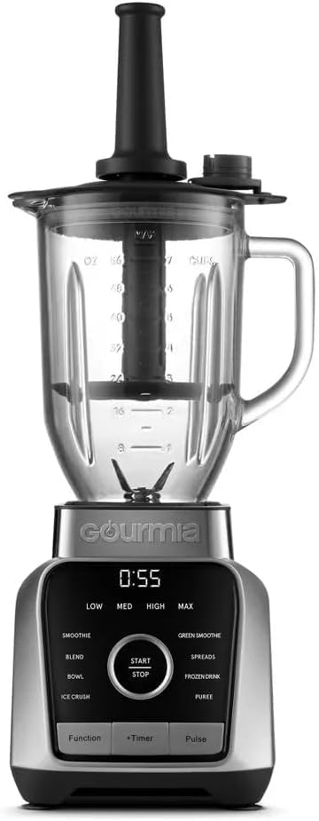 Gourmiia Digital Blender 38oz Glass Jar – 8 Auto Blend Programs, 4 Speeds, Pulse & Tamper – Ice Crusher, Smoothie Maker, BPA-Free, Easy-Clean, High-Speed Countertop Blender – Gray
