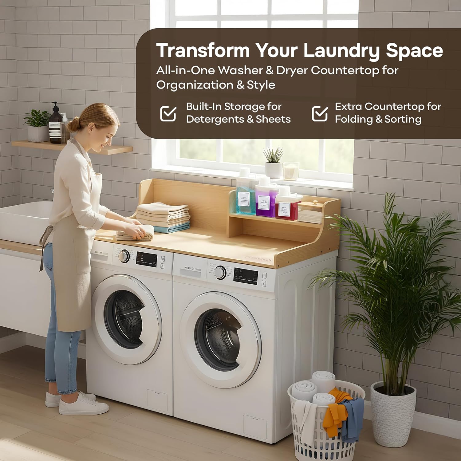 SOBHI | Washer and Dryer Countertop with Laundry Accessories | 54″ x 27″ Laundry Room Organization and Storage Topper | 3 Detergent Dispensers, Dryer Sheet Box, Hooks & Anti-Slip Pads, Oak Wood Finish