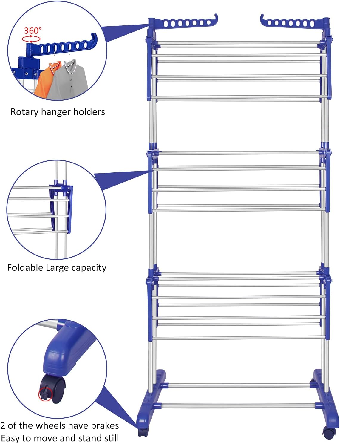 Clothes Drying Rack, Stainless Steel Oversized 4-Tier Collapsible Rolling Drying Rack Clothing Folding Laundry Drying Rack Stand Indoor/Outdoor with Side Wings and Casters Gray Blue
