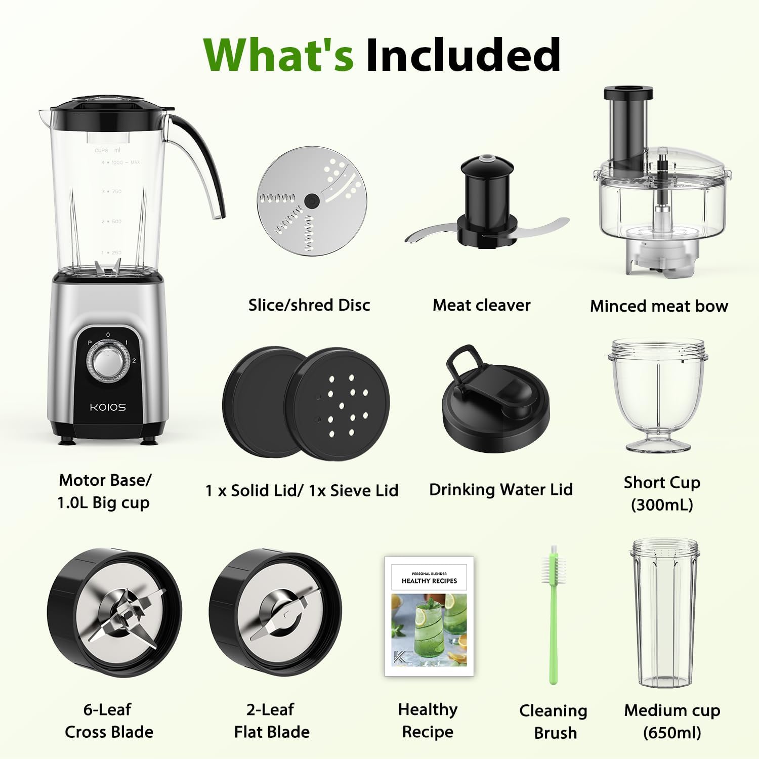KOIOS Blender/Food Processor Combo Max 1000W, 4 in 1 34oz Pitcher, 22oz Blending Cup, Meat Grinder & Vegetable Chopper, Spice Grinder,BPA Free -All-in-One Kitchen System, Dishwasher Safe